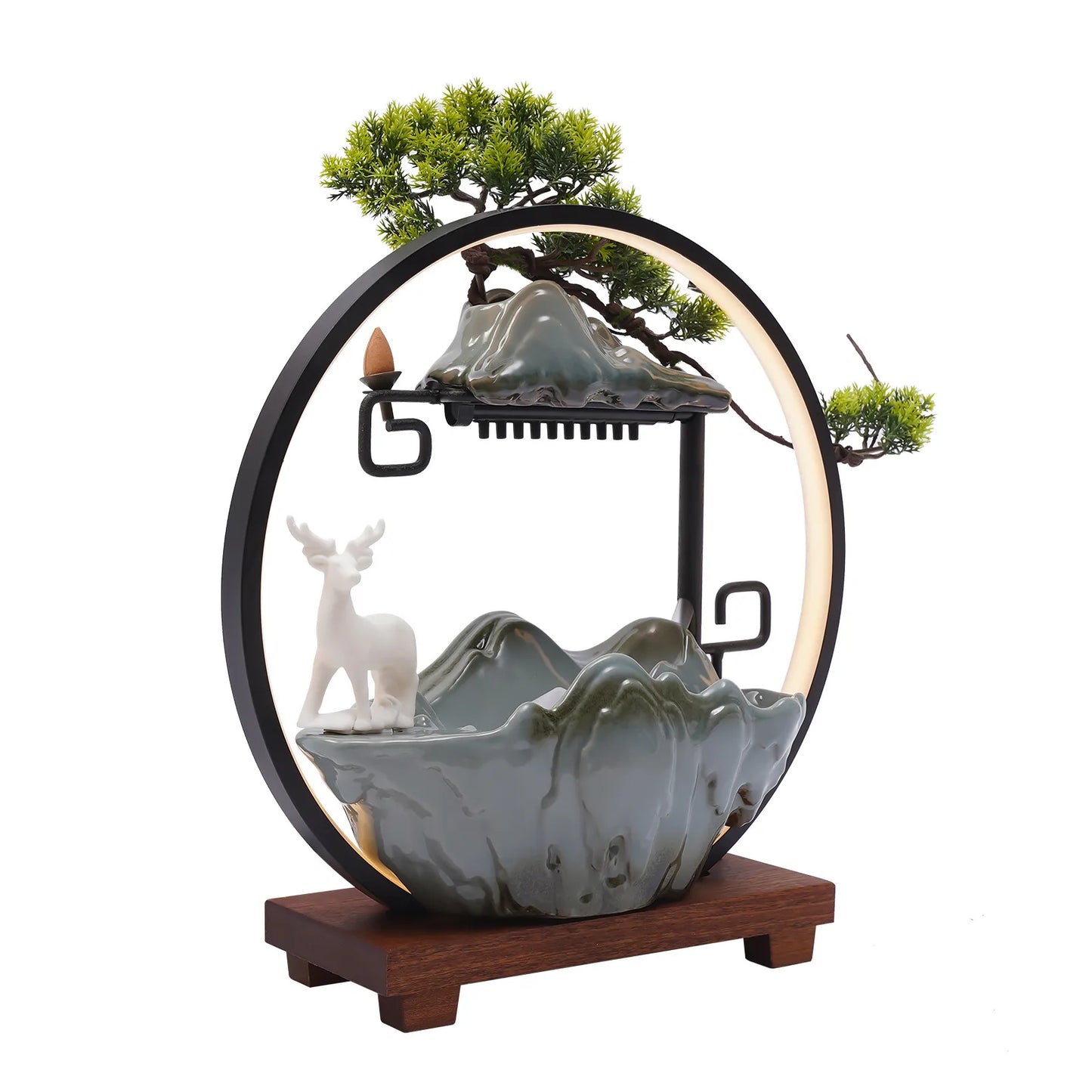Ceramic 110V Tabletop Fountain With LED Deer Figurine Pine Branches