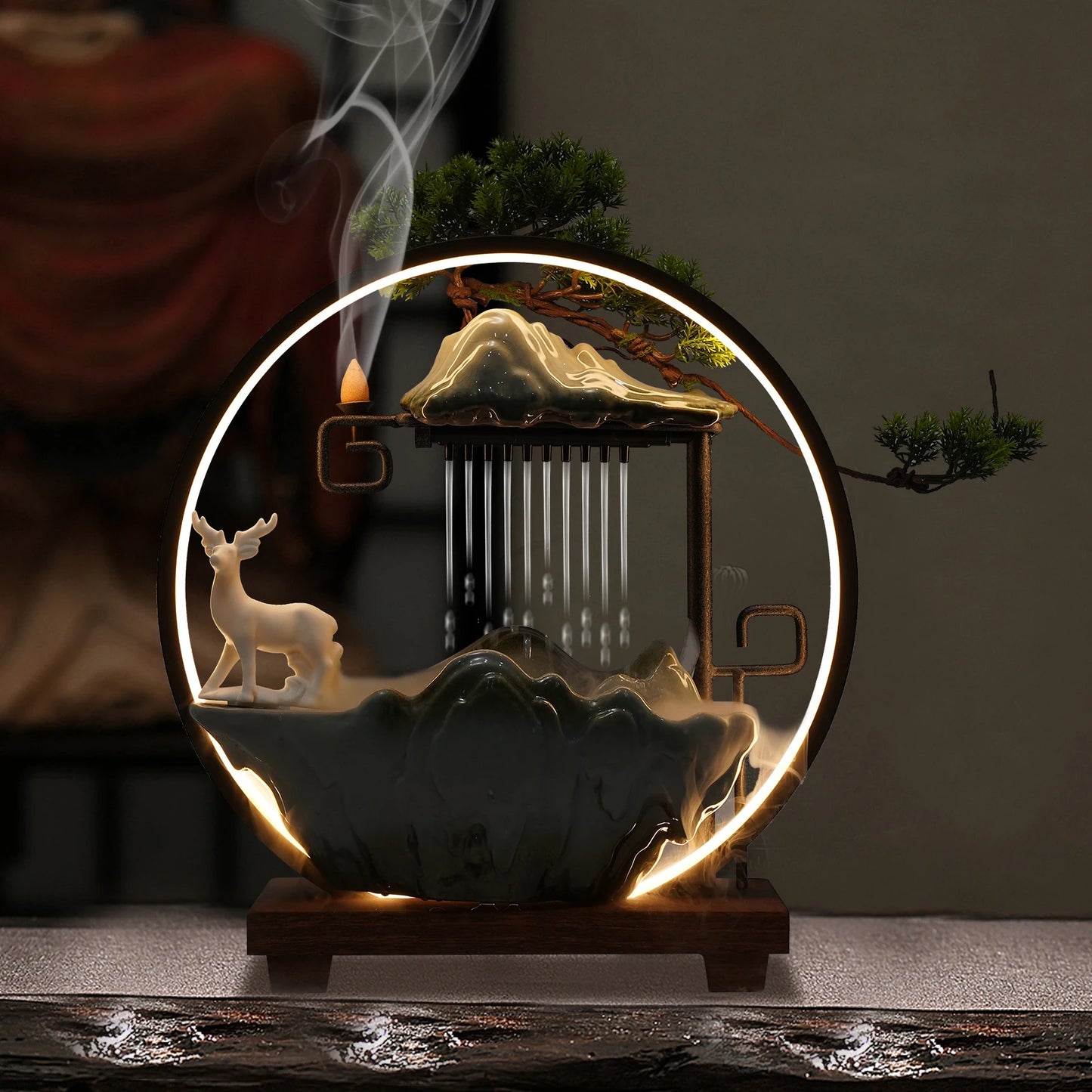 Ceramic 110V Tabletop Fountain With LED Deer Figurine Pine Branches