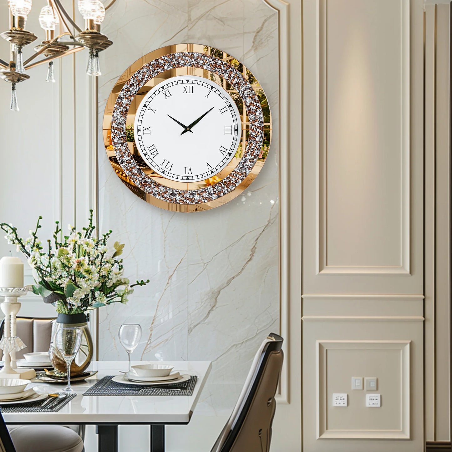 Round Mirror Wall Clock With Crystal Sparkle Accents For Living Room