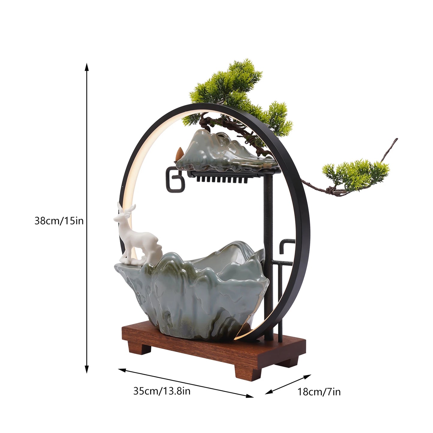 Ceramic 110V Tabletop Fountain With LED Deer Figurine Pine Branches