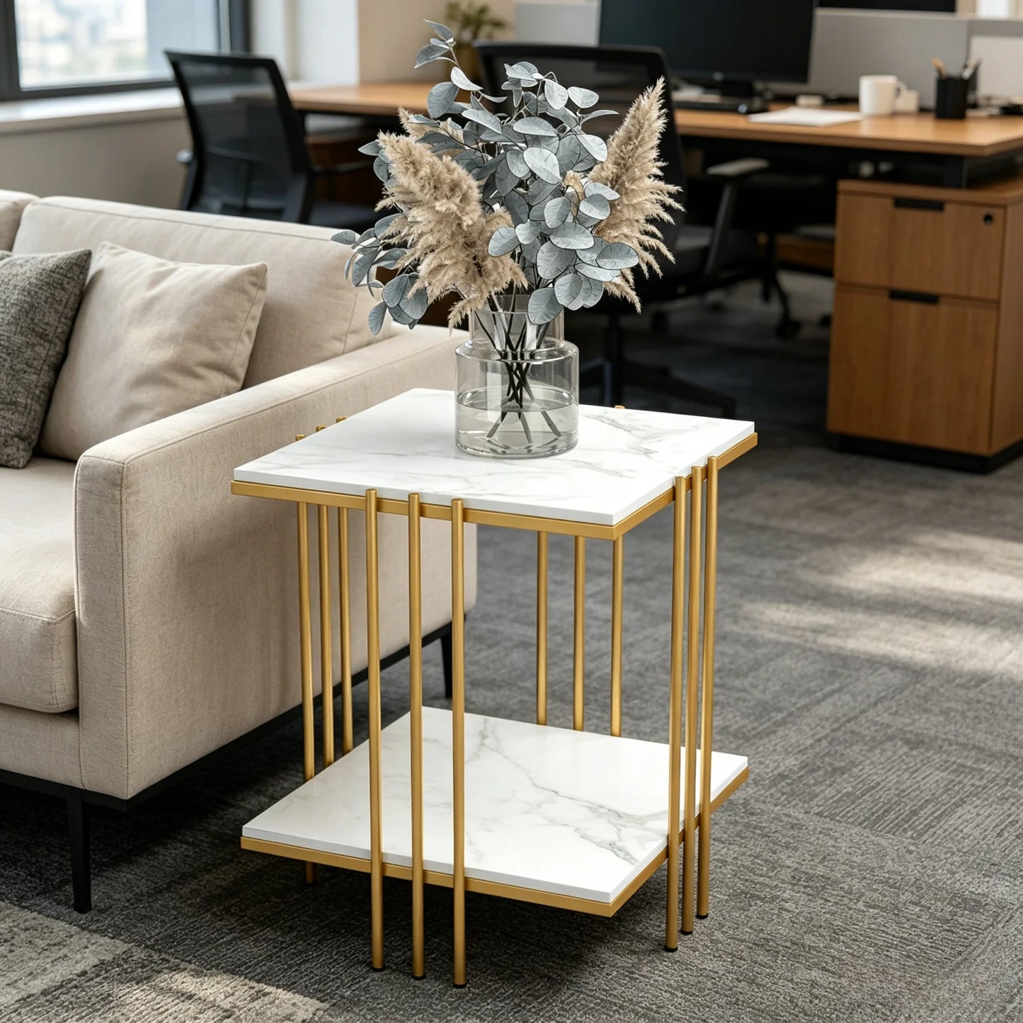Two Tier End Table With Sintered Stone Top Gold Frame