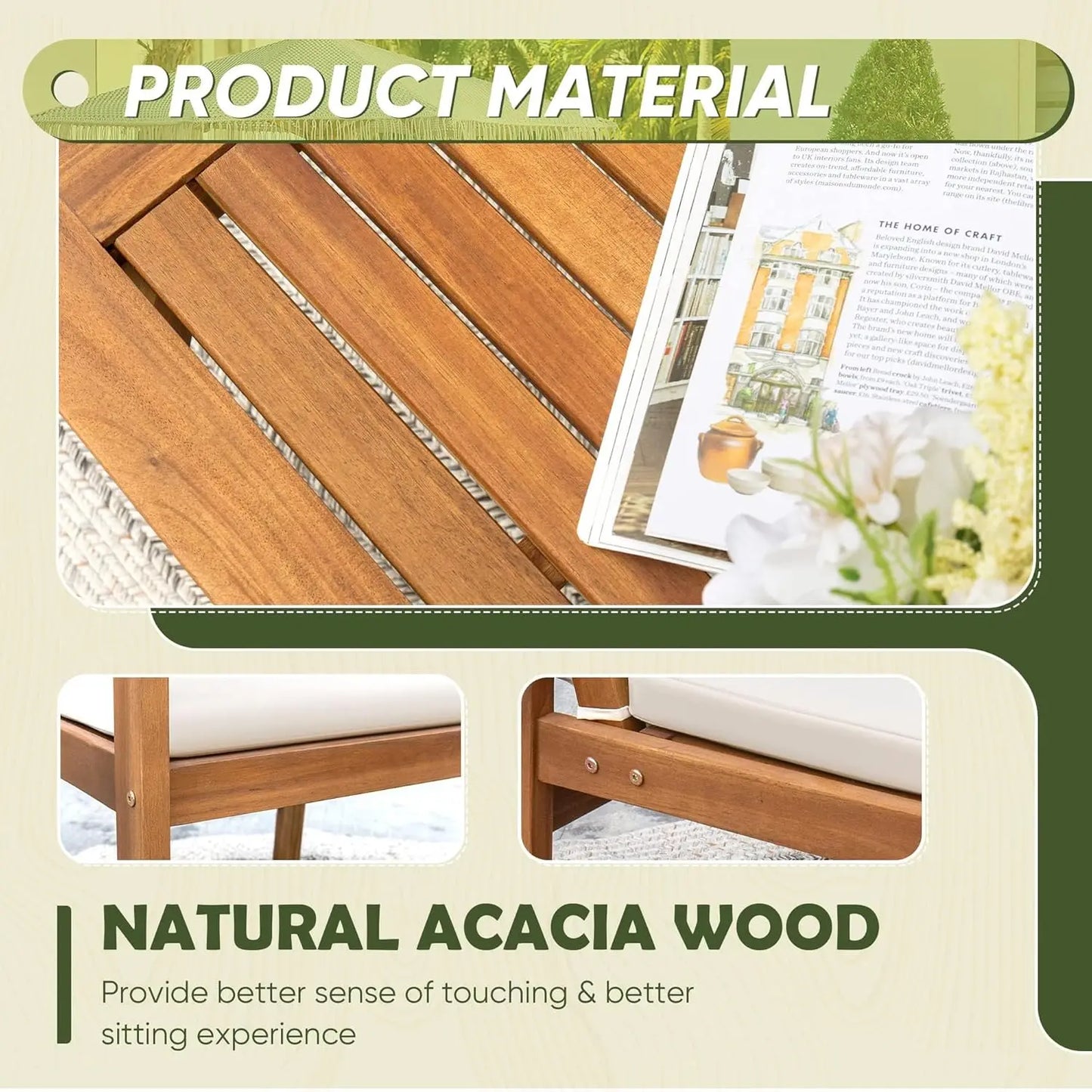 Flamaker 3 Piece Acacia Wood Patio Set With Cushions