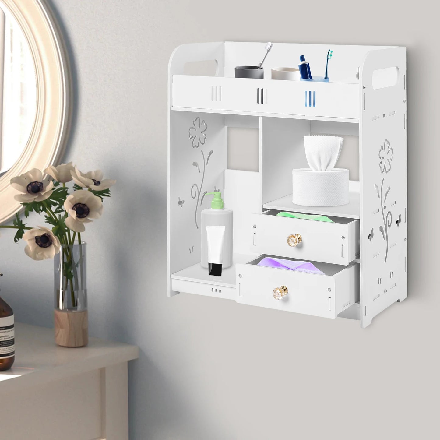 Wall Mounted Cabinet With 2 Drawers Bathroom Organizer