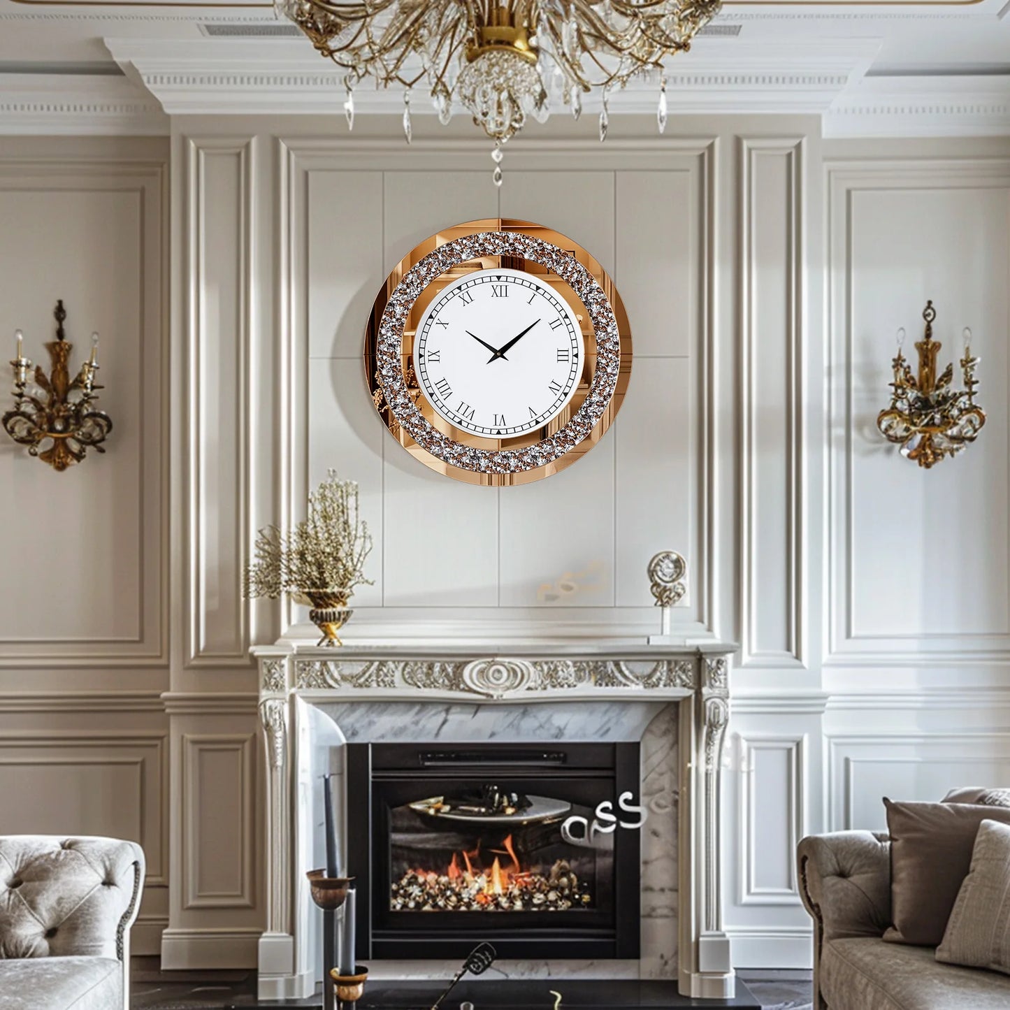Round Mirror Wall Clock Living Room With Crystal Sparkle Dial