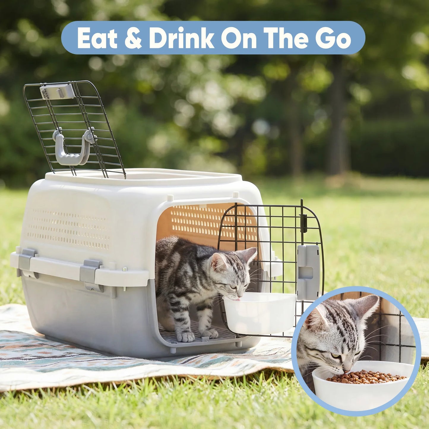 Pet Carrier For Small Dogs And Cats Front Top Load Wire Door Food Bowl