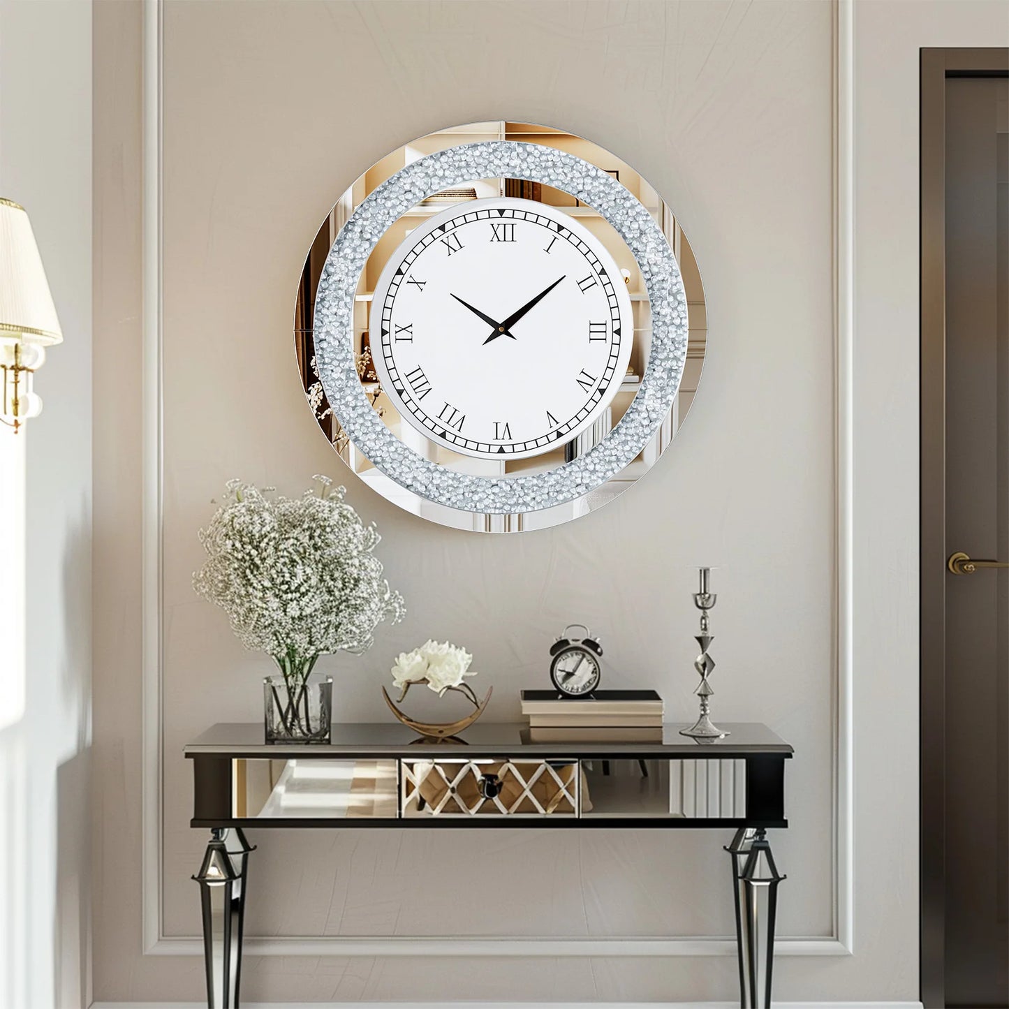 Round Mirror Wall Clock With Crystal Accent For Living Room