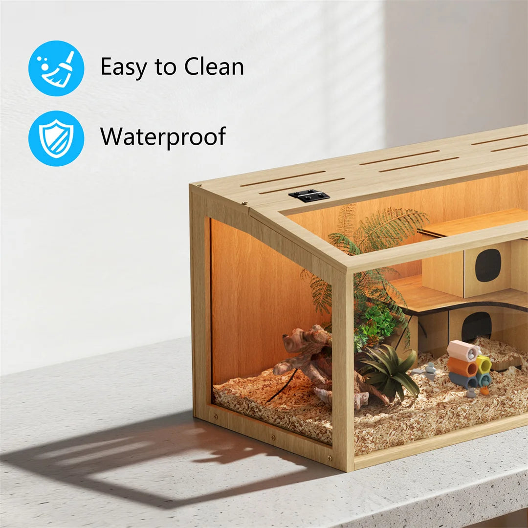 Natural Wood Hamster Cage With Glass Panels And LED Light