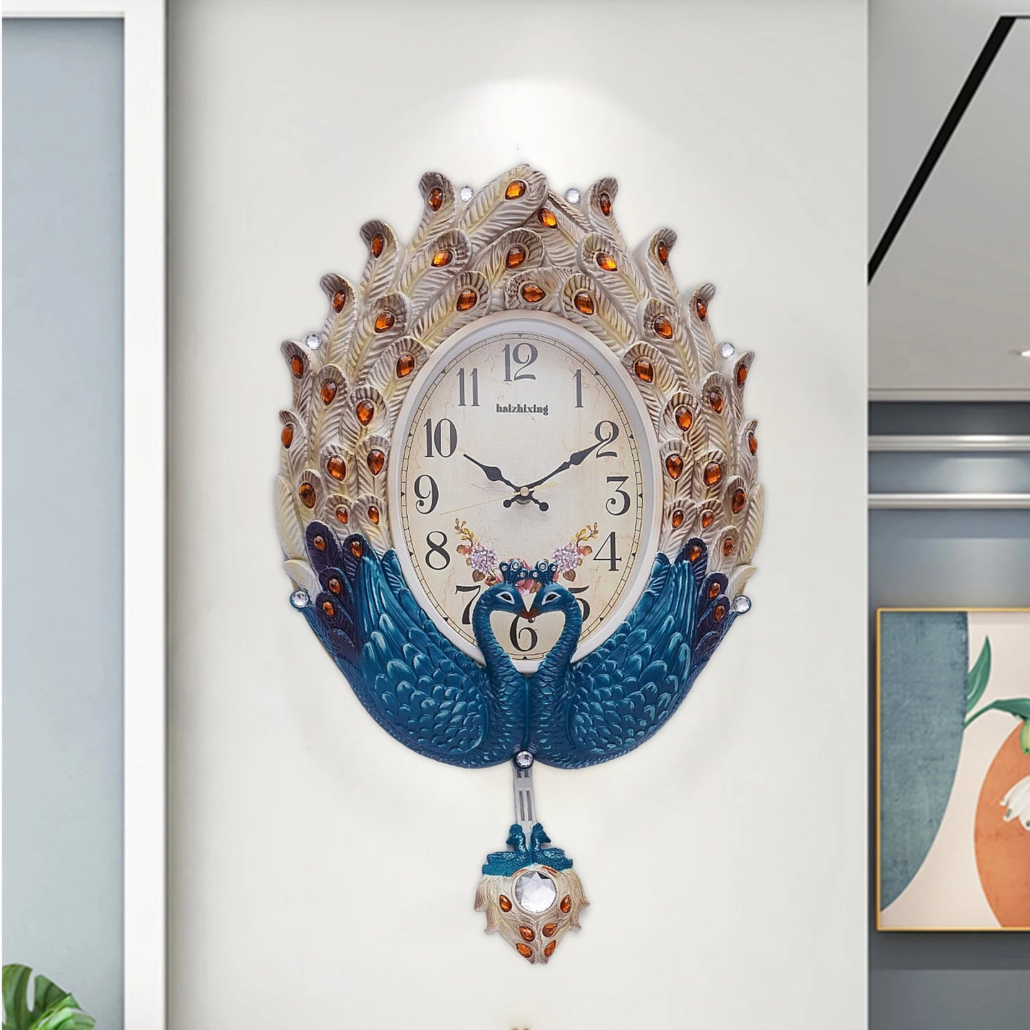 Peacock Wall Clock Silent Metal Pendulum For Living Room