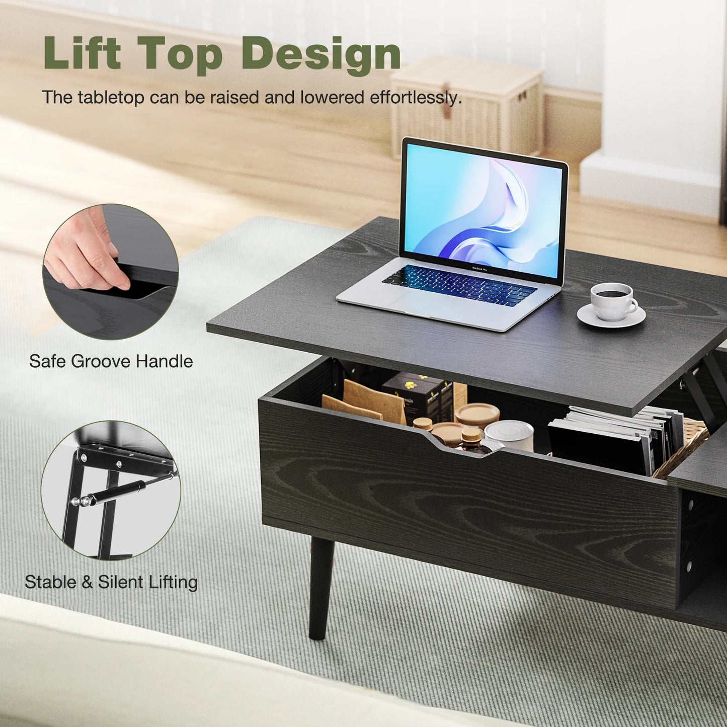 JHK Lift Top Coffee Table Living Room With Adjustable Storage