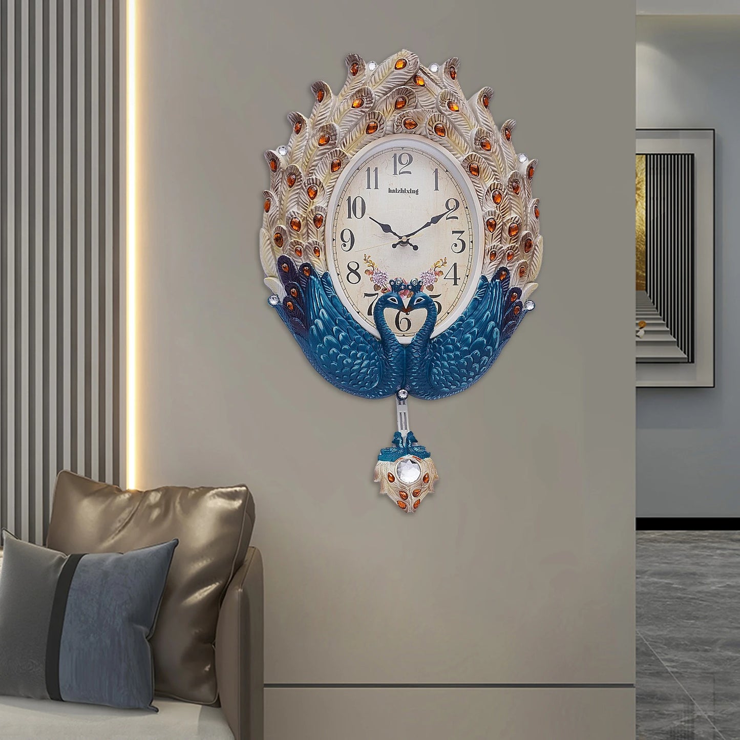 Peacock Wall Clock Silent Metal Pendulum For Living Room