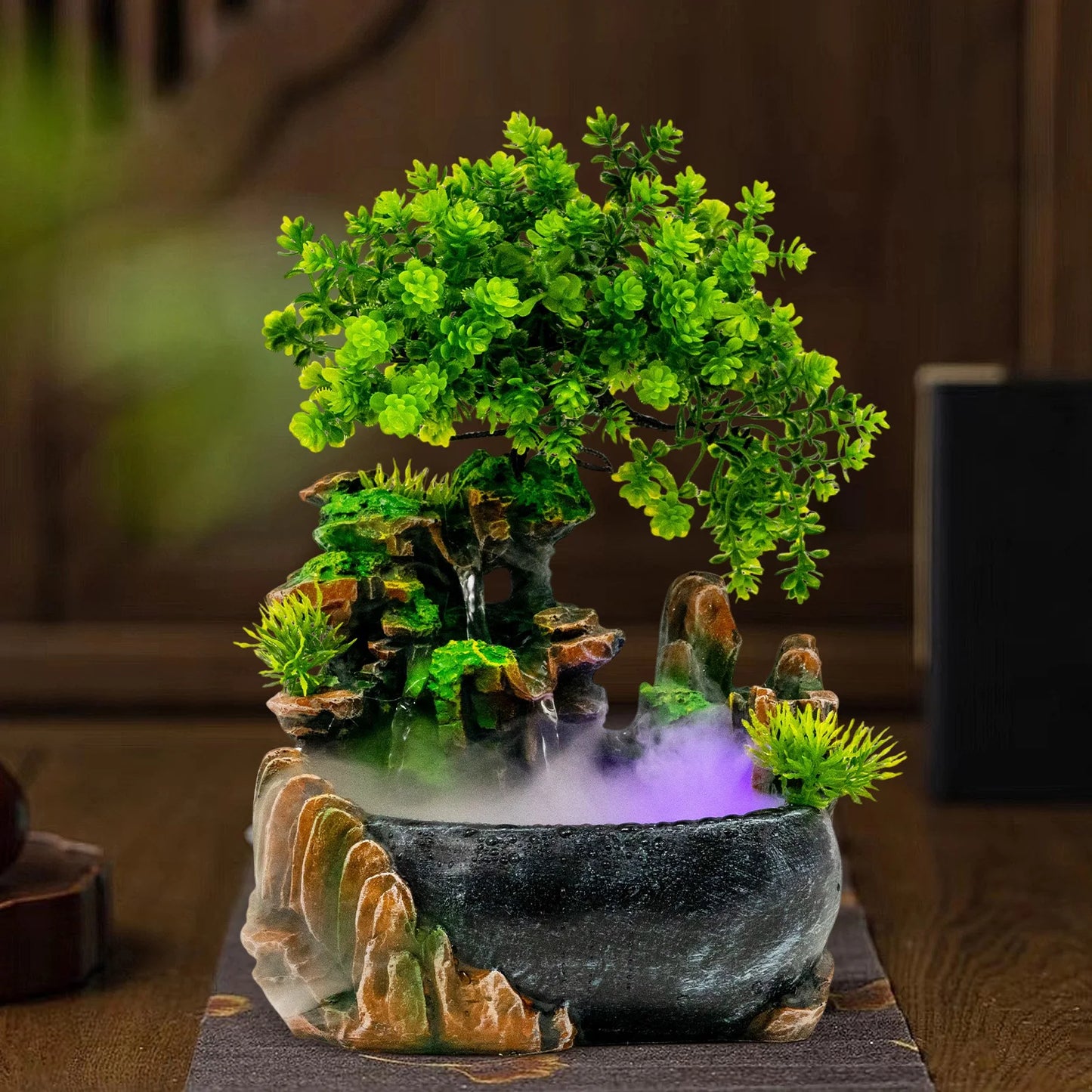 Indoor Tabletop Waterfall Fountain With LED Lights And Atomizer