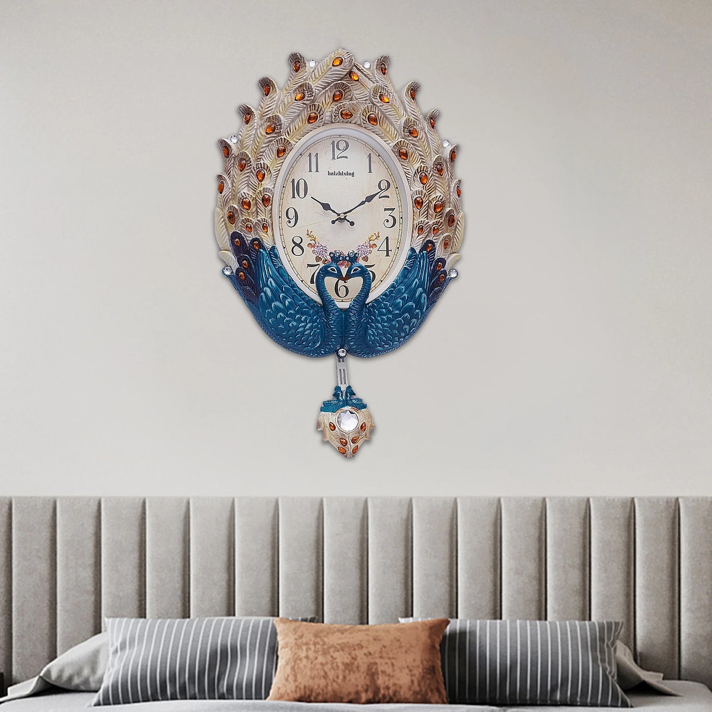 Peacock Wall Clock Silent Metal Pendulum For Living Room