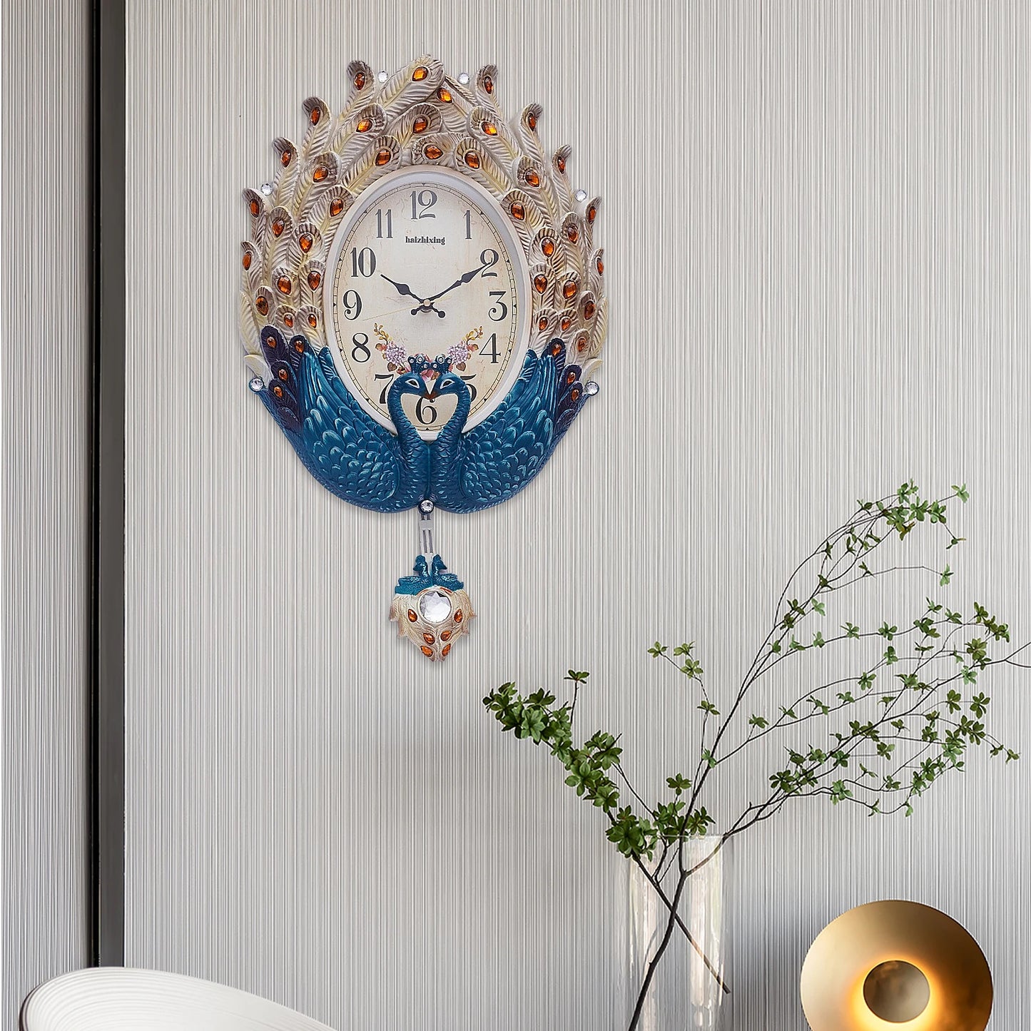 Peacock Wall Clock Silent Metal Pendulum For Living Room