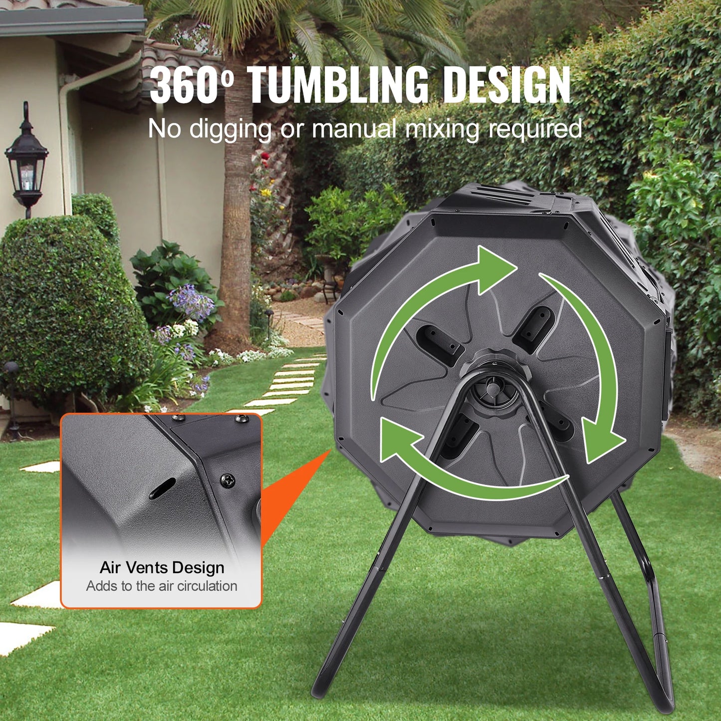 43-Gallon Tumbling Dual Chamber Composter For Garden And Kitchen