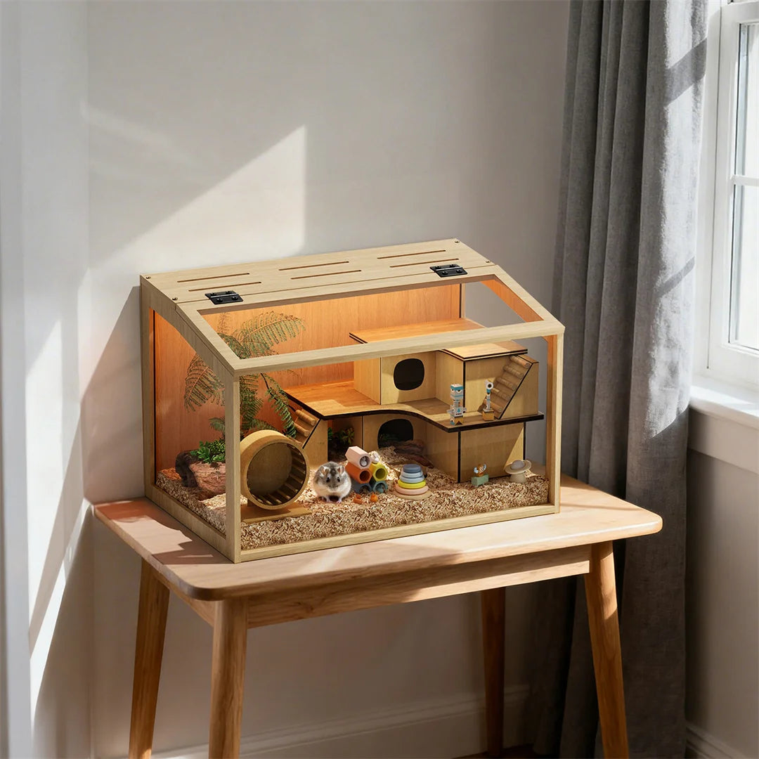 Natural Wood Hamster Cage With Glass Panels And LED Light