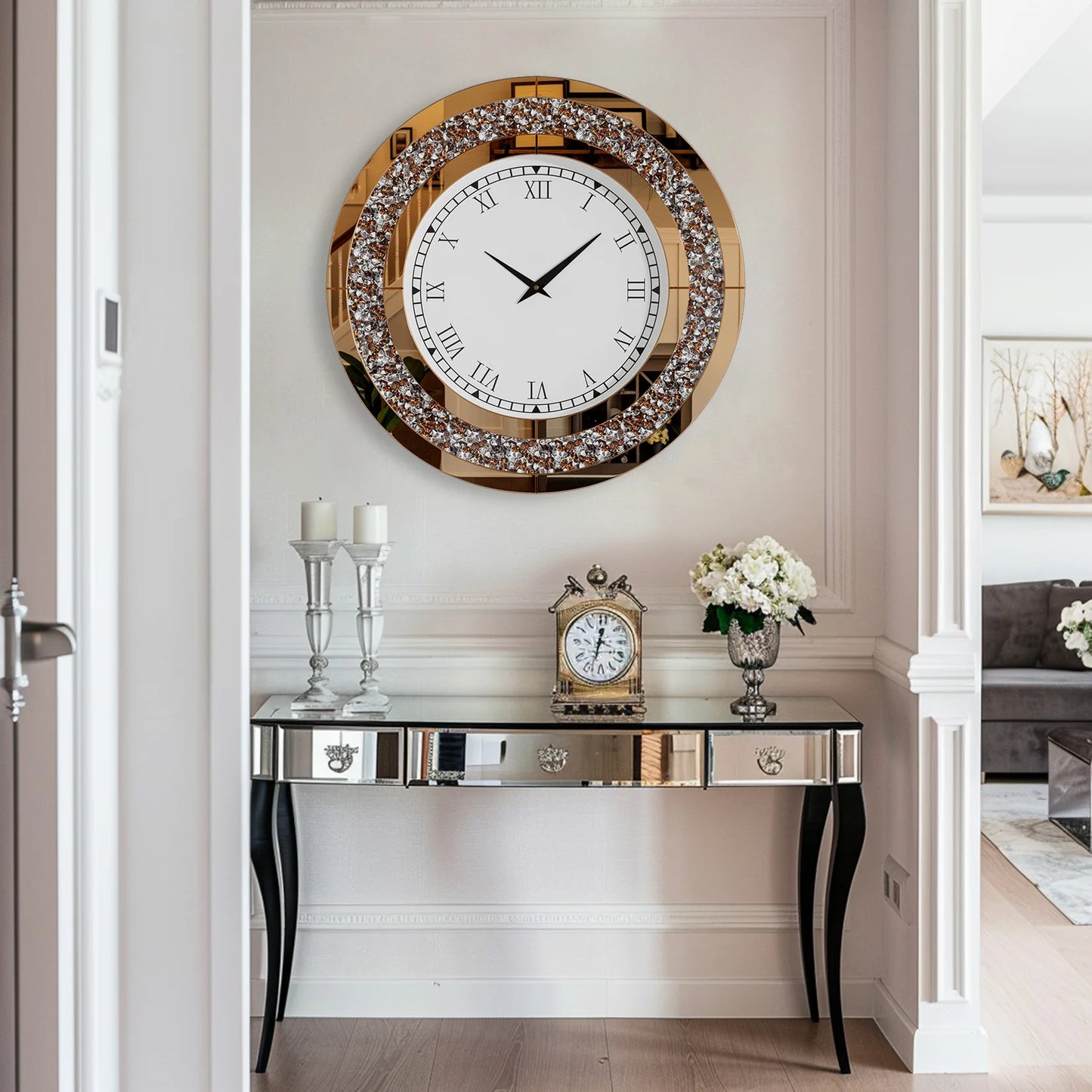 Round Mirror Wall Clock Living Room With Crystal Sparkle Dial