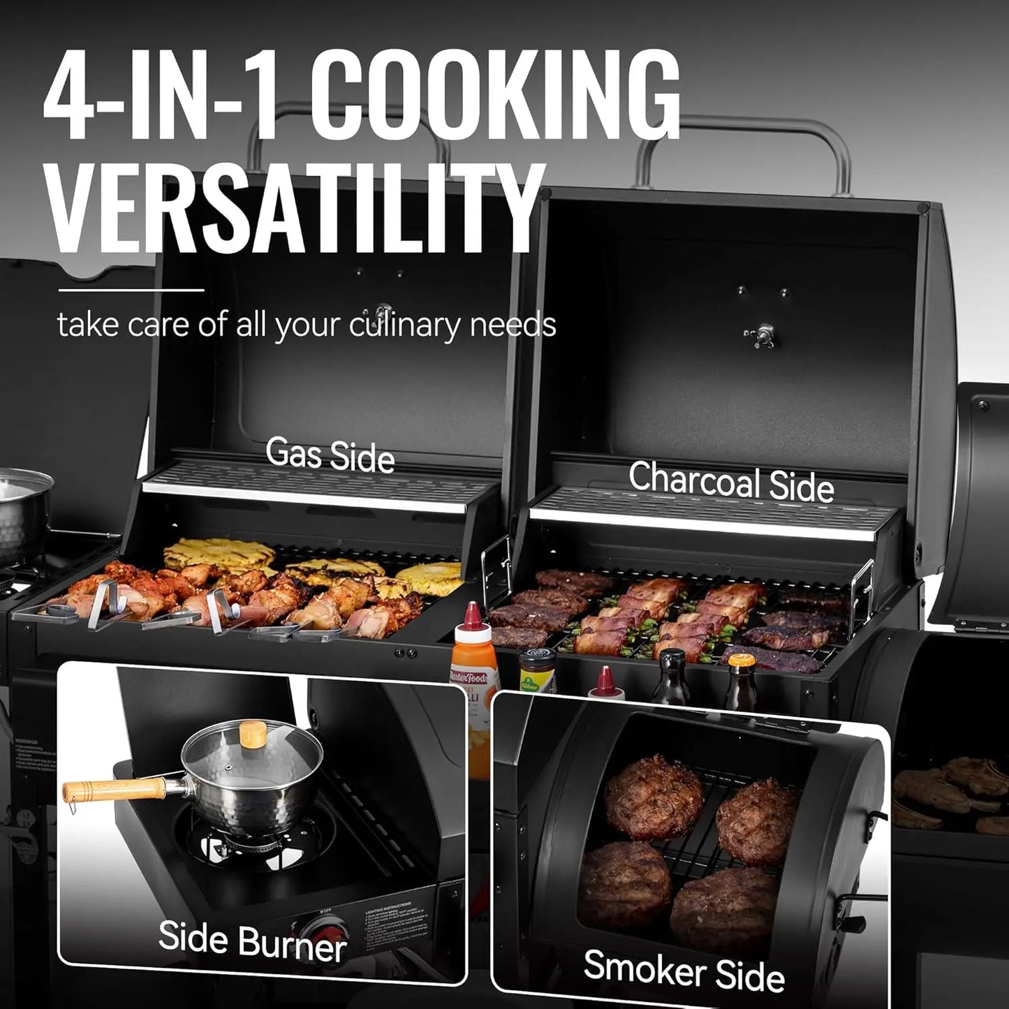 Dual-Fuel Gas Charcoal Grill With Offset Smoker And Side Burner