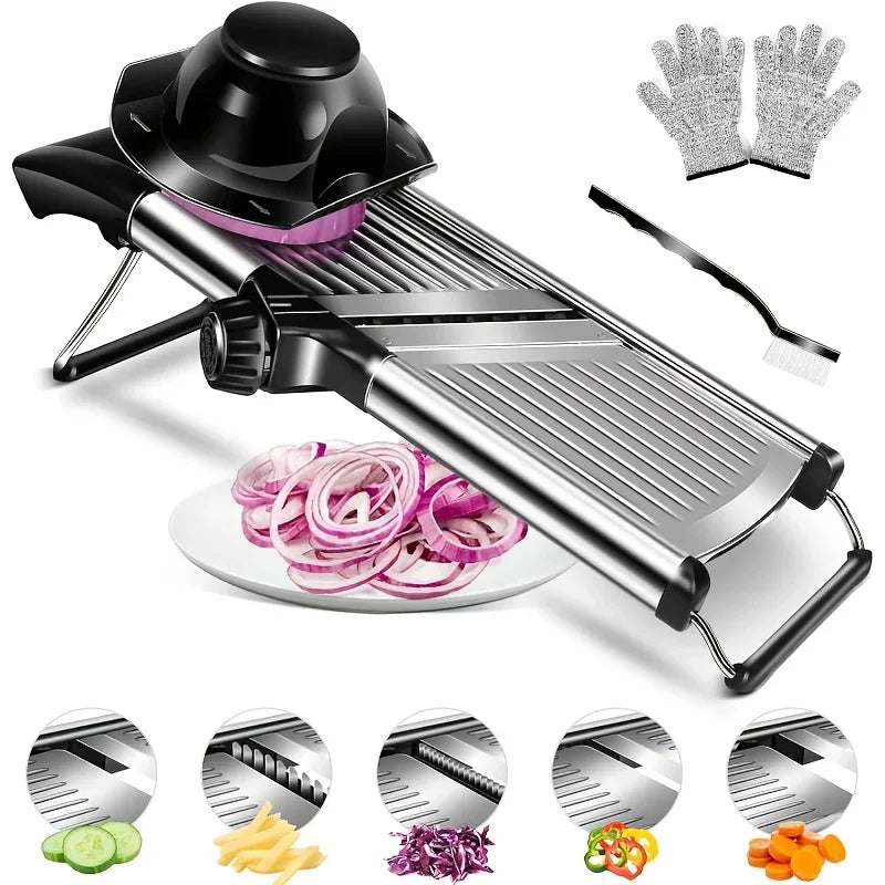 AEDG Stainless Steel Mandoline Slicer With 5 Blades And Holder Safe Hand Guard