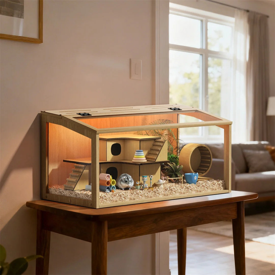 Natural Wood Hamster Cage With Glass Panels And LED Light