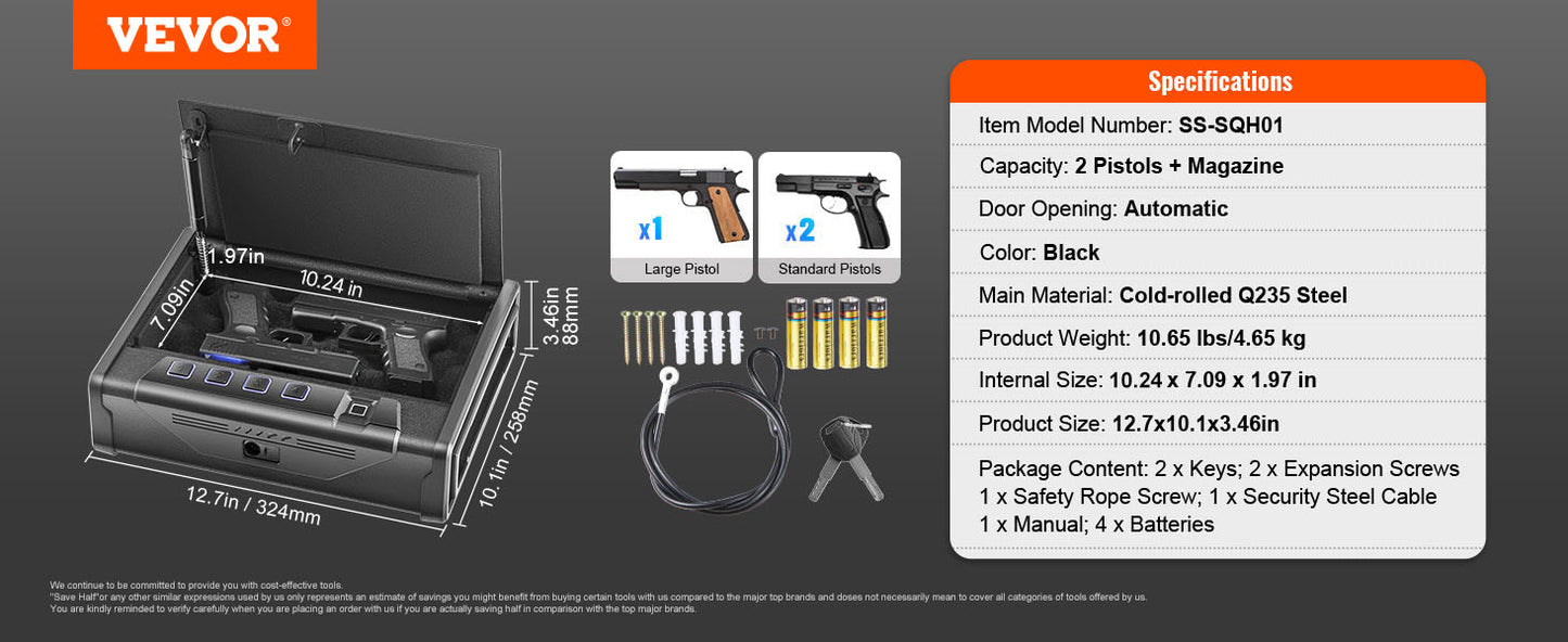 VEVOR Pistol Safe With Three Way Quick Access Biometric Lock