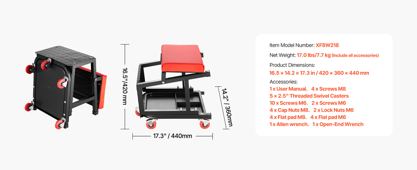 SucceBuy Mechanic Stool With Wheels 360 Degree Swivel Tool Tray