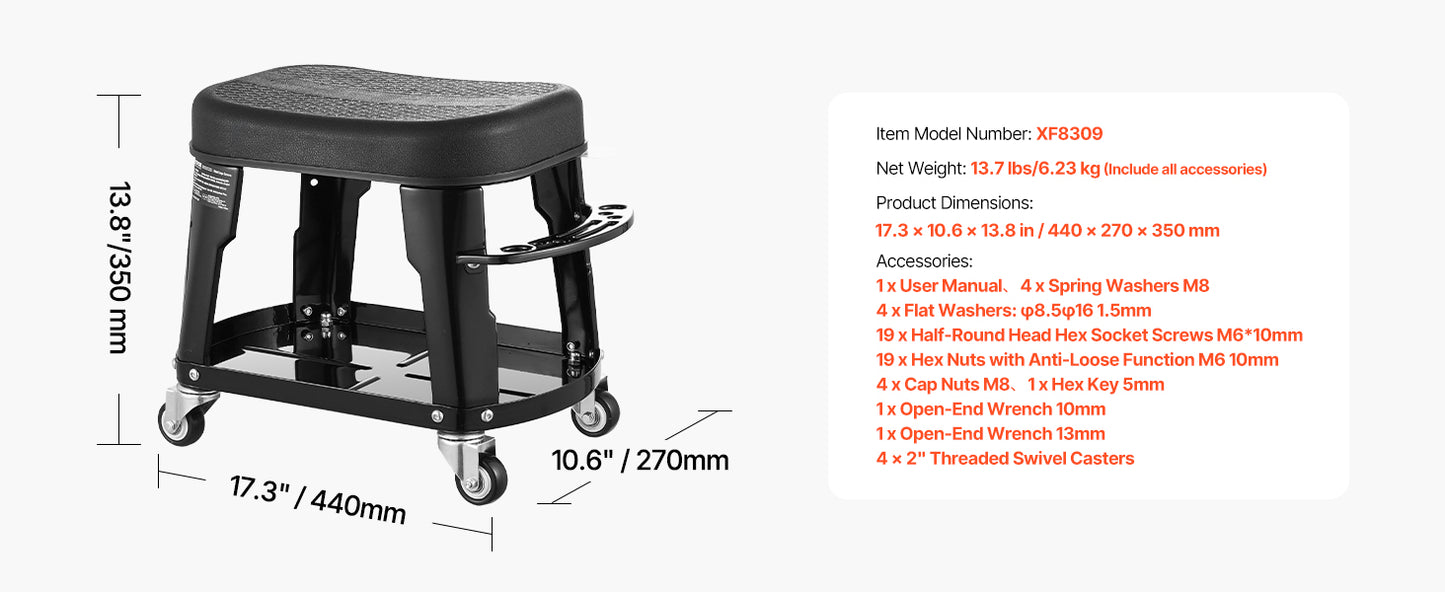 SucceBuy Mechanic Stool With Wheels 360 Degree Swivel Tool Tray